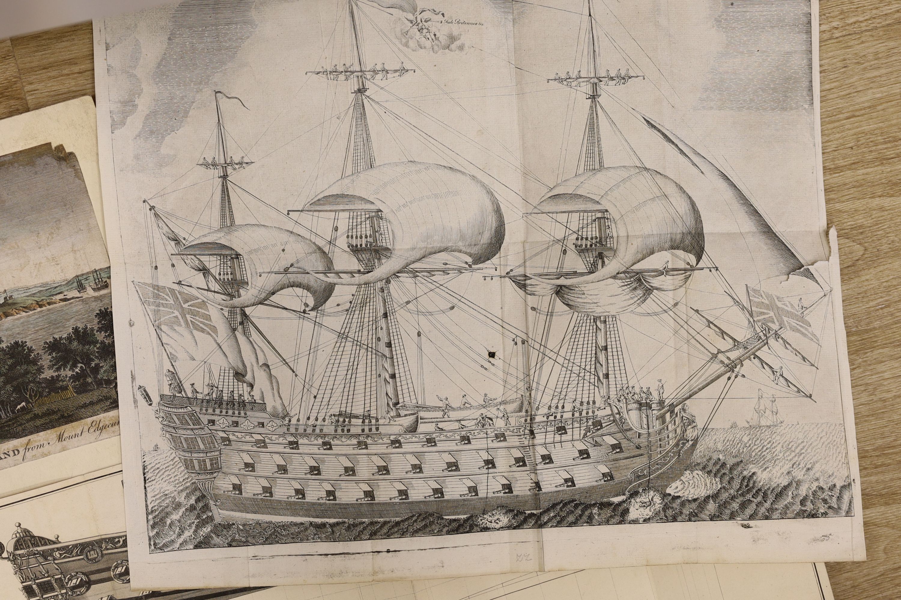 Baillie after Van de Velde, engraving, warships at sea, 1761, 18 x 31cm. an engraving of a warship inscribed 'Rule Britannia', 38 x 44cm, a John Charnock engraving, 'The Captain A British Third Rate. 1678', 28 x 60cm. an